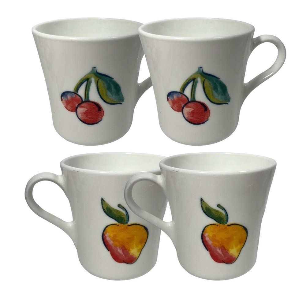 Vintage Corelle Corning Mug Fruit Apple & Cherry Set of 4 USA Design 2 Sided